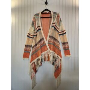 Say What? Womens Orange Geometric Open Knit Fringe Hem Cardigan M Hippie 70s